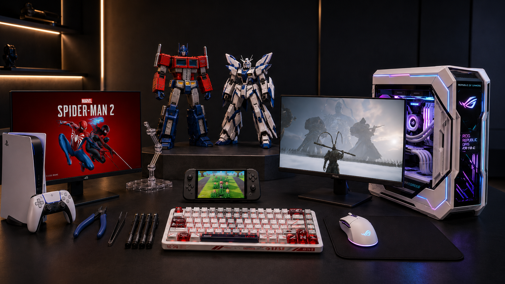 Two original premium mecha collectibles on display